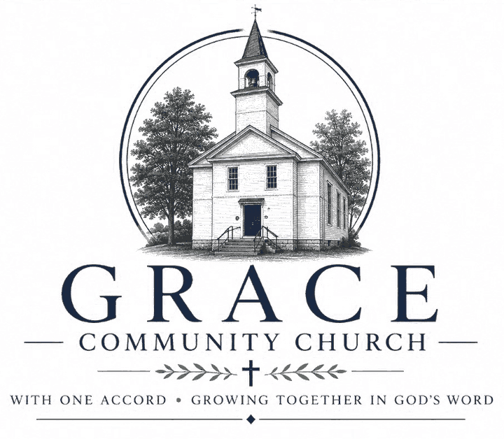 Grace Community Church logo: a drawing of the church building within a circle, with the words With One Accord, Growing Together in God’s Word